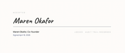 Accepted proposal signature block with a handwritten-style signature and audit trail confirmation