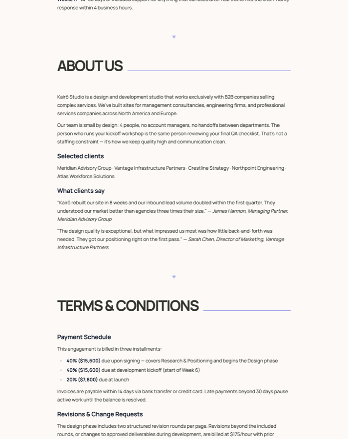 About us, client testimonials, and terms & conditions