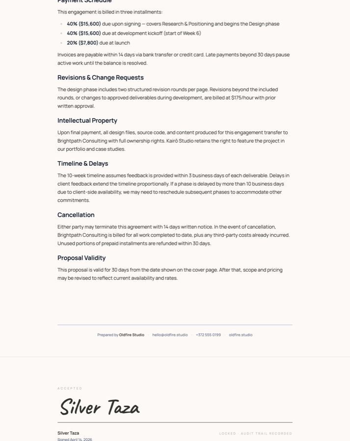 Proposal terms and the client's handwritten signature