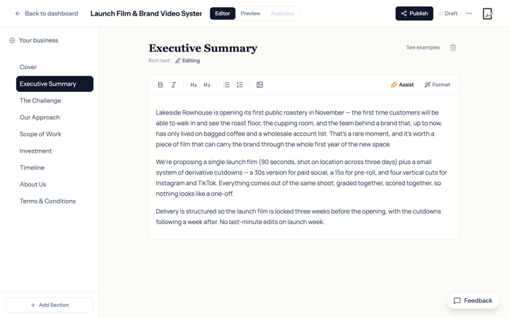 ProposalKit.io editor with the section list on the left and the Executive Summary section open in the canvas