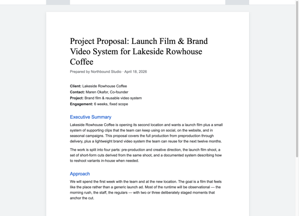 The same proposal as a plain Google Doc — default Times Roman title, Arial body, default margins, no logo